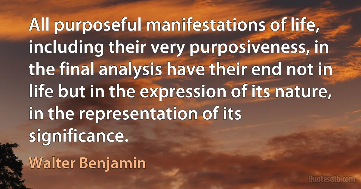 All purposeful manifestations of life, including their very purposiveness, in the final analysis have their end not in life but in the expression of its nature, in the representation of its significance. (Walter Benjamin)