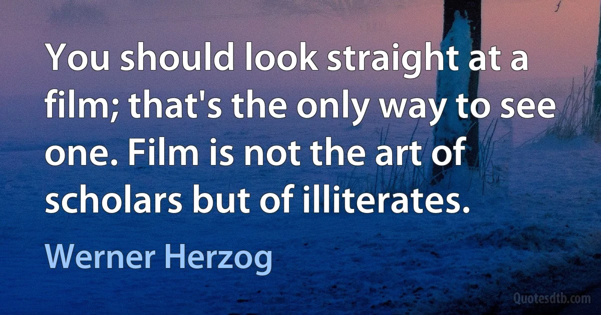 You should look straight at a film; that's the only way to see one. Film is not the art of scholars but of illiterates. (Werner Herzog)