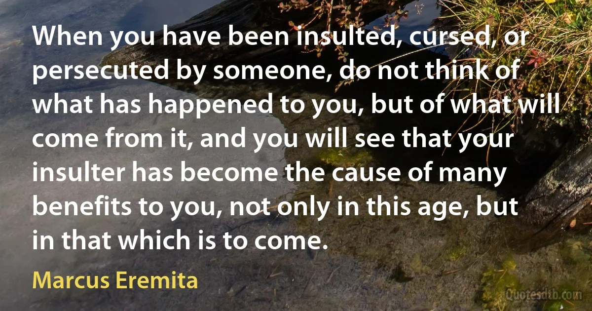 When you have been insulted, cursed, or persecuted by someone, do not think of what has happened to you, but of what will come from it, and you will see that your insulter has become the cause of many benefits to you, not only in this age, but in that which is to come. (Marcus Eremita)