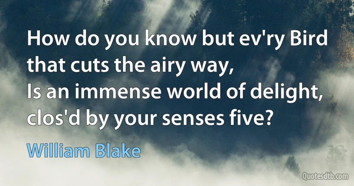 How do you know but ev'ry Bird that cuts the airy way,
Is an immense world of delight, clos'd by your senses five? (William Blake)