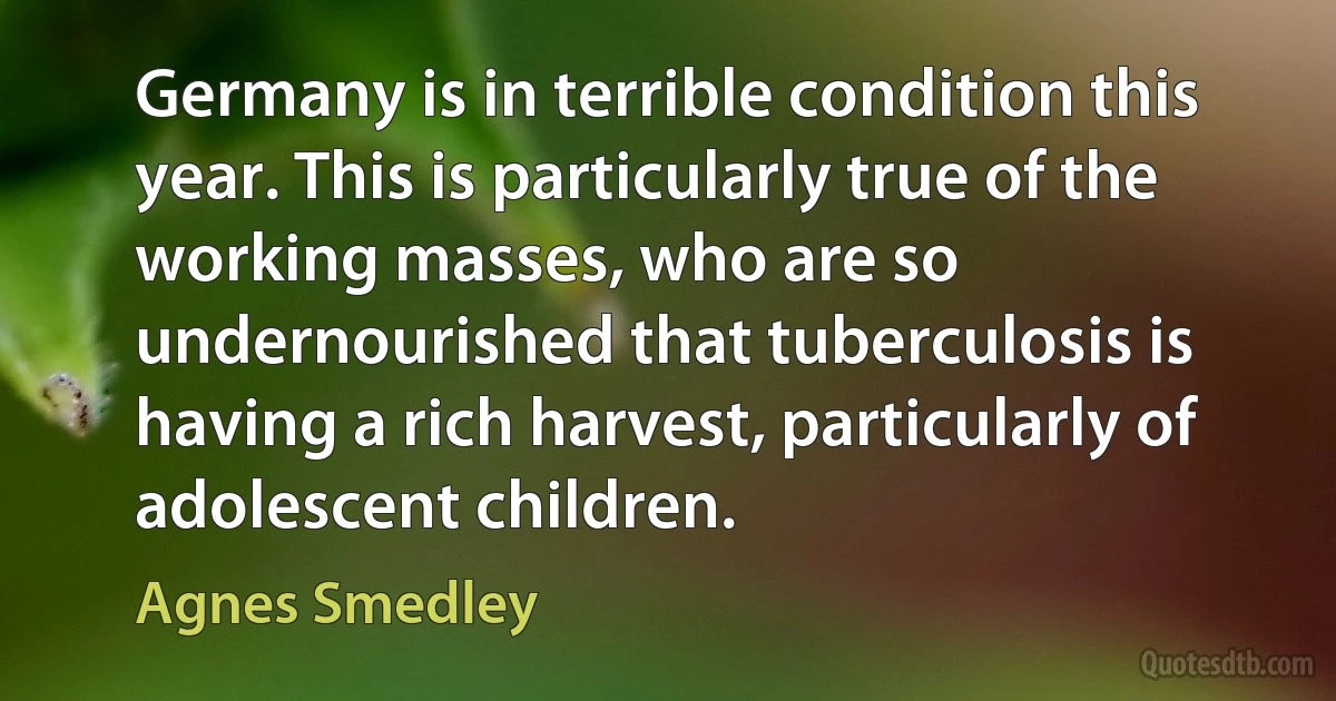 Germany is in terrible condition this year. This is particularly true of the working masses, who are so undernourished that tuberculosis is having a rich harvest, particularly of adolescent children. (Agnes Smedley)