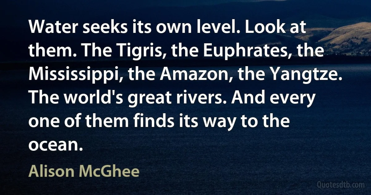 Water seeks its own level. Look at them. The Tigris, the Euphrates, the Mississippi, the Amazon, the Yangtze. The world's great rivers. And every one of them finds its way to the ocean. (Alison McGhee)