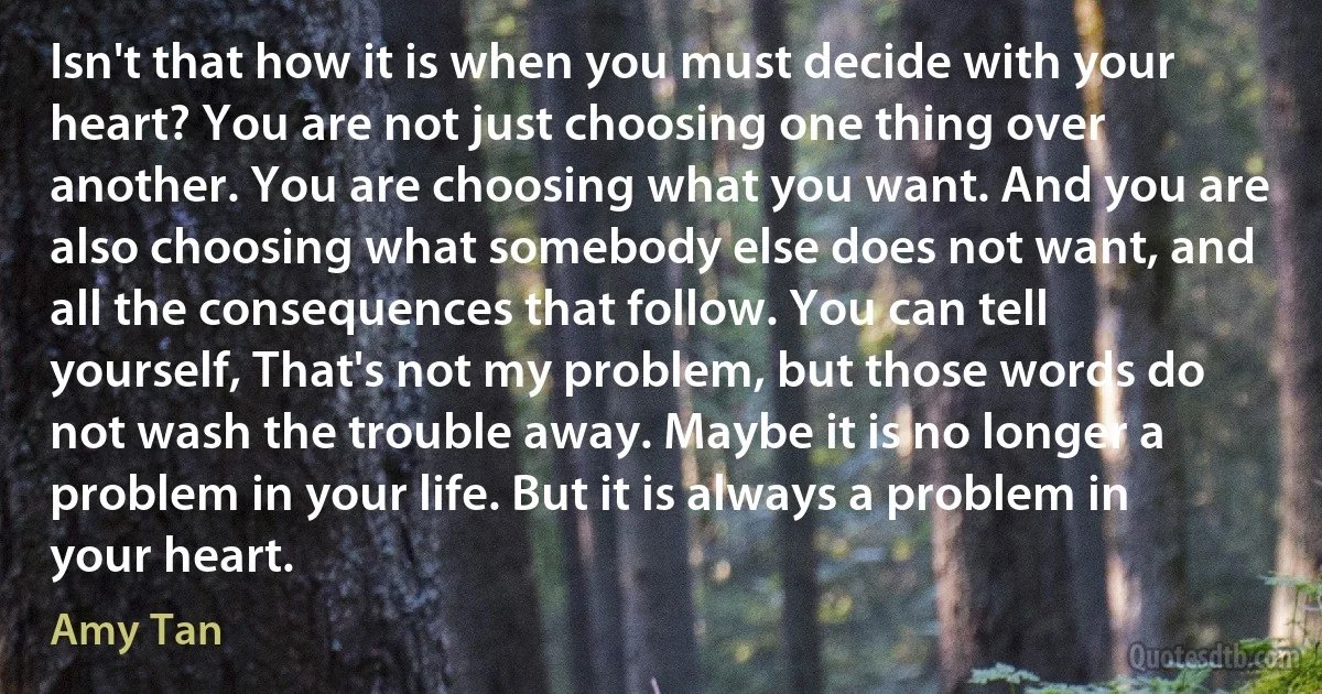 Isn't that how it is when you must decide with your heart? You are not just choosing one thing over another. You are choosing what you want. And you are also choosing what somebody else does not want, and all the consequences that follow. You can tell yourself, That's not my problem, but those words do not wash the trouble away. Maybe it is no longer a problem in your life. But it is always a problem in your heart. (Amy Tan)