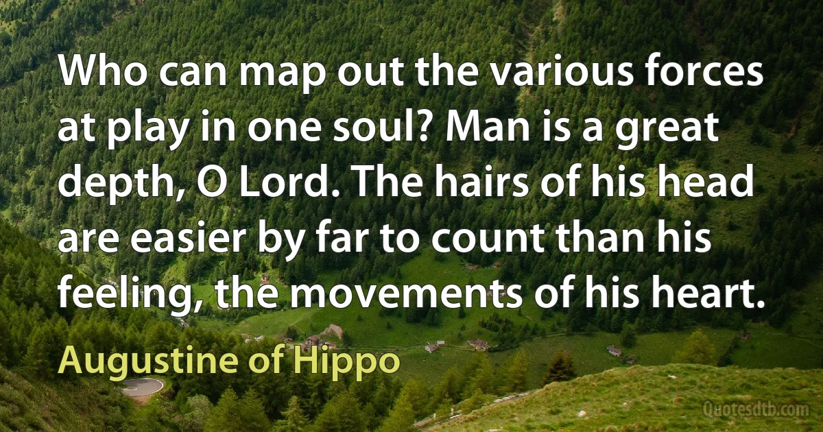 Who can map out the various forces at play in one soul? Man is a great depth, O Lord. The hairs of his head are easier by far to count than his feeling, the movements of his heart. (Augustine of Hippo)