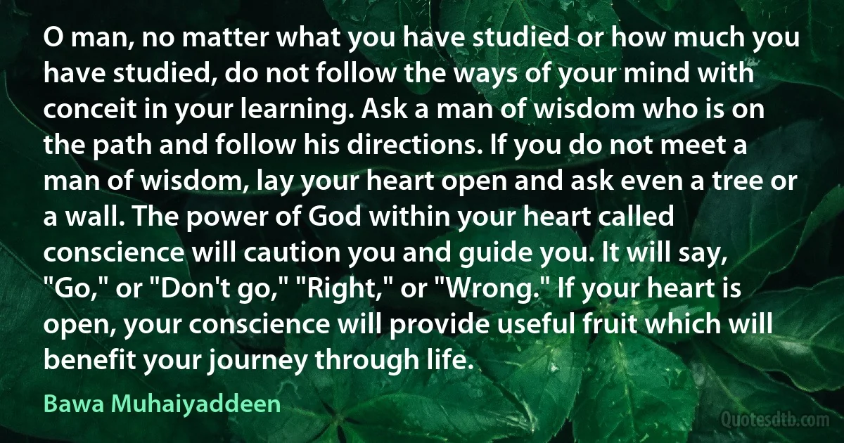 O man, no matter what you have studied or how much you have studied, do not follow the ways of your mind with conceit in your learning. Ask a man of wisdom who is on the path and follow his directions. If you do not meet a man of wisdom, lay your heart open and ask even a tree or a wall. The power of God within your heart called conscience will caution you and guide you. It will say, "Go," or "Don't go," "Right," or "Wrong." If your heart is open, your conscience will provide useful fruit which will benefit your journey through life. (Bawa Muhaiyaddeen)