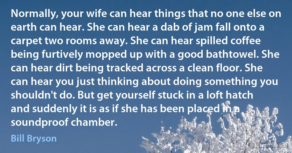 Normally, your wife can hear things that no one else on earth can hear. She can hear a dab of jam fall onto a carpet two rooms away. She can hear spilled coffee being furtively mopped up with a good bathtowel. She can hear dirt being tracked across a clean floor. She can hear you just thinking about doing something you shouldn't do. But get yourself stuck in a loft hatch and suddenly it is as if she has been placed in a soundproof chamber. (Bill Bryson)