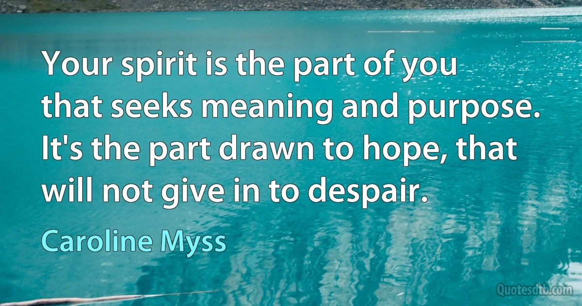 Your spirit is the part of you that seeks meaning and purpose. It's the part drawn to hope, that will not give in to despair. (Caroline Myss)