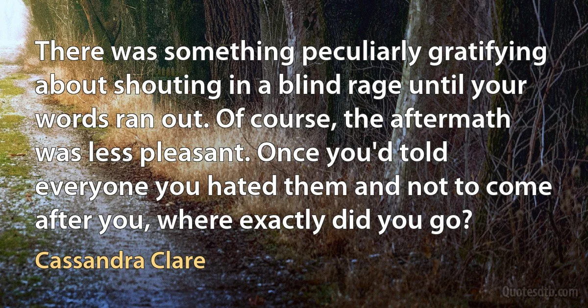 There was something peculiarly gratifying about shouting in a blind rage until your words ran out. Of course, the aftermath was less pleasant. Once you'd told everyone you hated them and not to come after you, where exactly did you go? (Cassandra Clare)