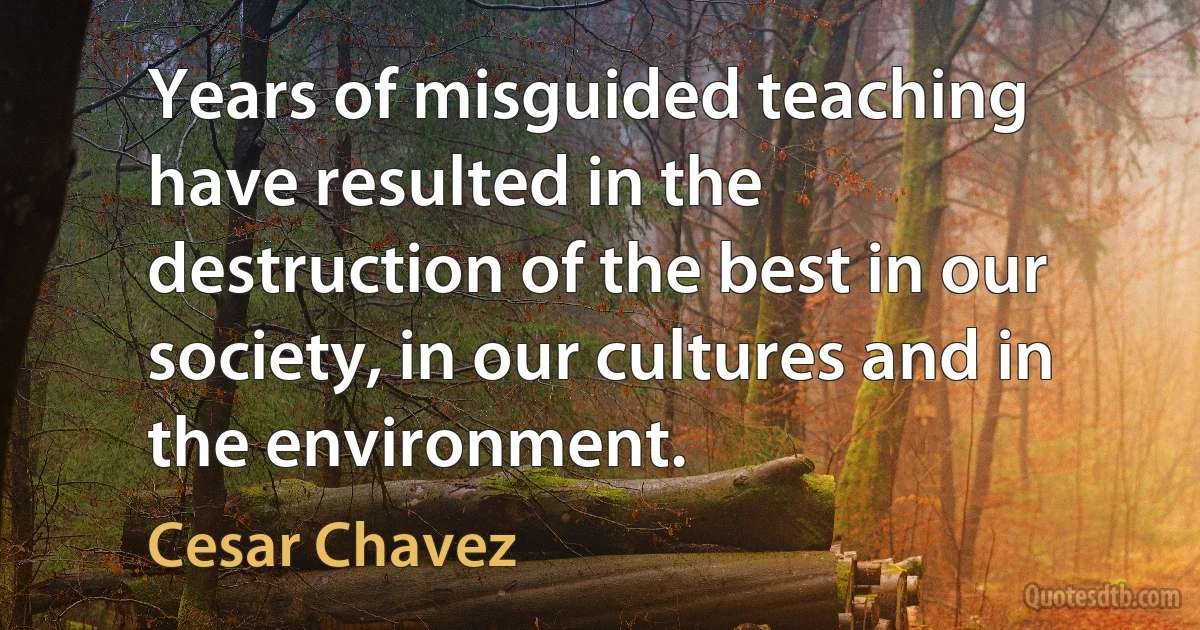 Years of misguided teaching have resulted in the destruction of the best in our society, in our cultures and in the environment. (Cesar Chavez)