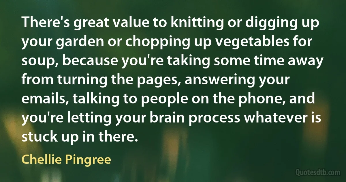 There's great value to knitting or digging up your garden or chopping up vegetables for soup, because you're taking some time away from turning the pages, answering your emails, talking to people on the phone, and you're letting your brain process whatever is stuck up in there. (Chellie Pingree)