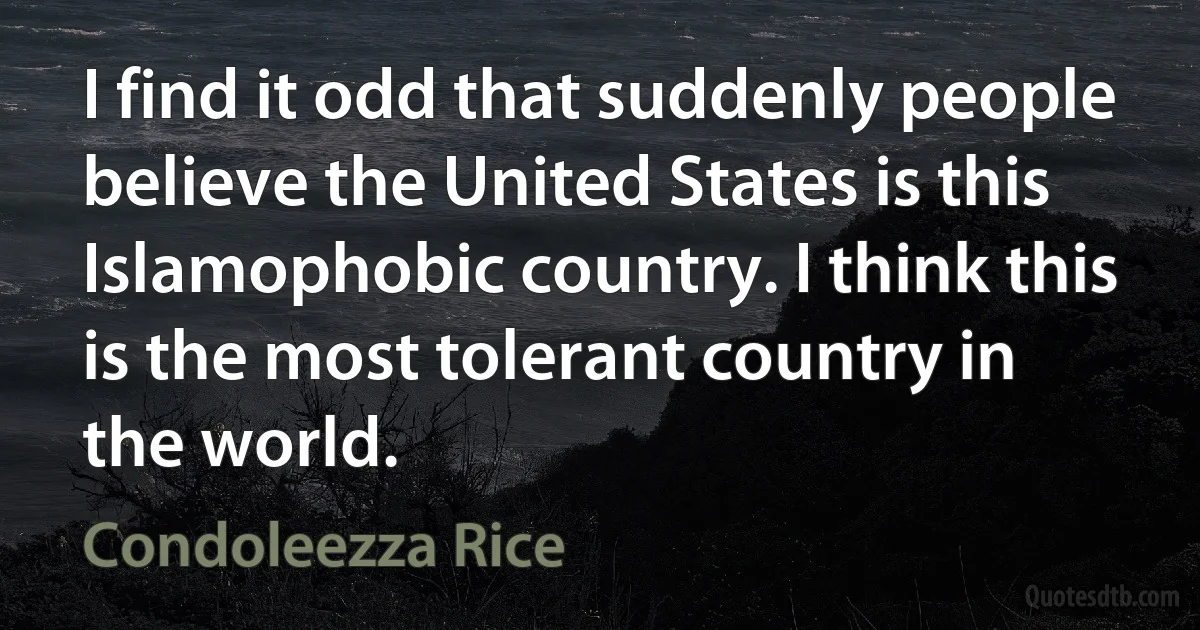 I find it odd that suddenly people believe the United States is this Islamophobic country. I think this is the most tolerant country in the world. (Condoleezza Rice)