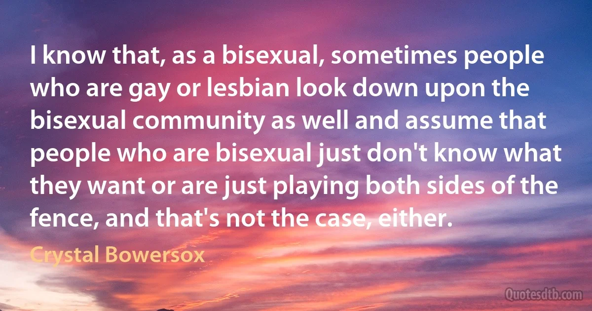 I know that, as a bisexual, sometimes people who are gay or lesbian look down upon the bisexual community as well and assume that people who are bisexual just don't know what they want or are just playing both sides of the fence, and that's not the case, either. (Crystal Bowersox)