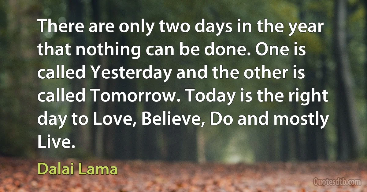 There are only two days in the year that nothing can be done. One is called Yesterday and the other is called Tomorrow. Today is the right day to Love, Believe, Do and mostly Live. (Dalai Lama)