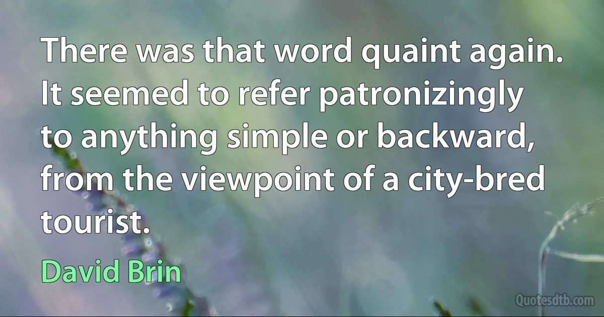 There was that word quaint again. It seemed to refer patronizingly to anything simple or backward, from the viewpoint of a city-bred tourist. (David Brin)