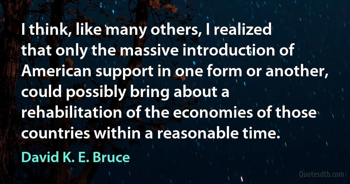 I think, like many others, I realized that only the massive introduction of American support in one form or another, could possibly bring about a rehabilitation of the economies of those countries within a reasonable time. (David K. E. Bruce)