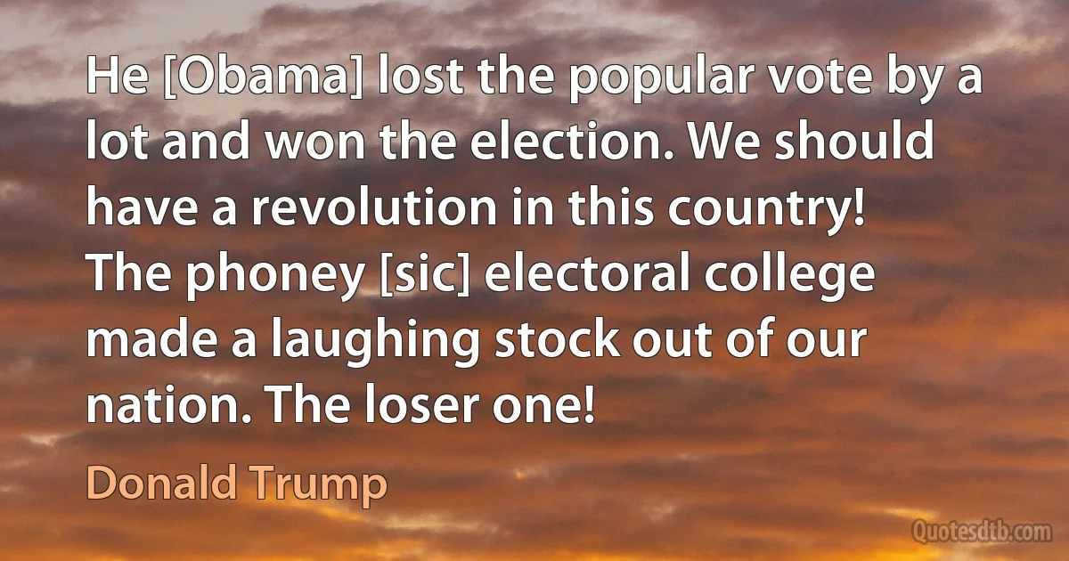 He [Obama] lost the popular vote by a lot and won the election. We should have a revolution in this country!
The phoney [sic] electoral college made a laughing stock out of our nation. The loser one! (Donald Trump)