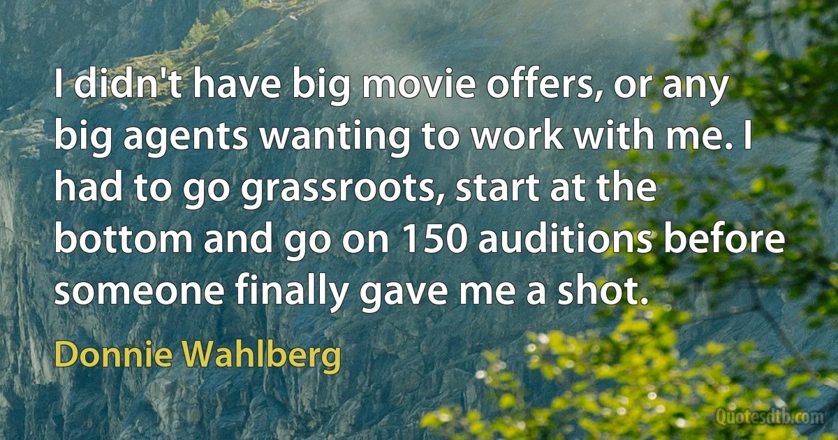 I didn't have big movie offers, or any big agents wanting to work with me. I had to go grassroots, start at the bottom and go on 150 auditions before someone finally gave me a shot. (Donnie Wahlberg)