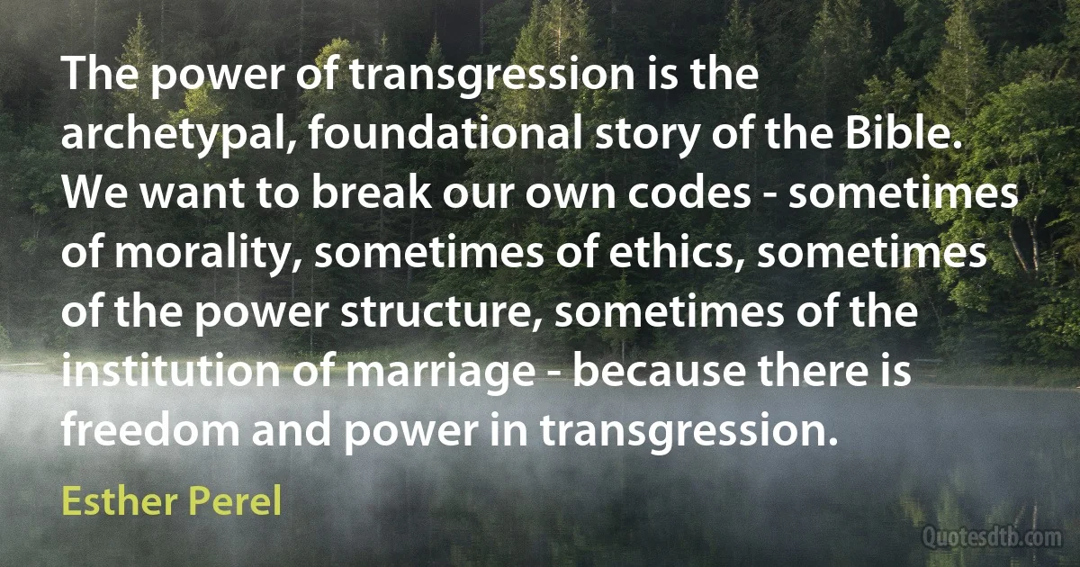 The power of transgression is the archetypal, foundational story of the Bible. We want to break our own codes - sometimes of morality, sometimes of ethics, sometimes of the power structure, sometimes of the institution of marriage - because there is freedom and power in transgression. (Esther Perel)