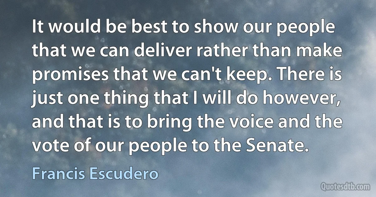 It would be best to show our people that we can deliver rather than make promises that we can't keep. There is just one thing that I will do however, and that is to bring the voice and the vote of our people to the Senate. (Francis Escudero)