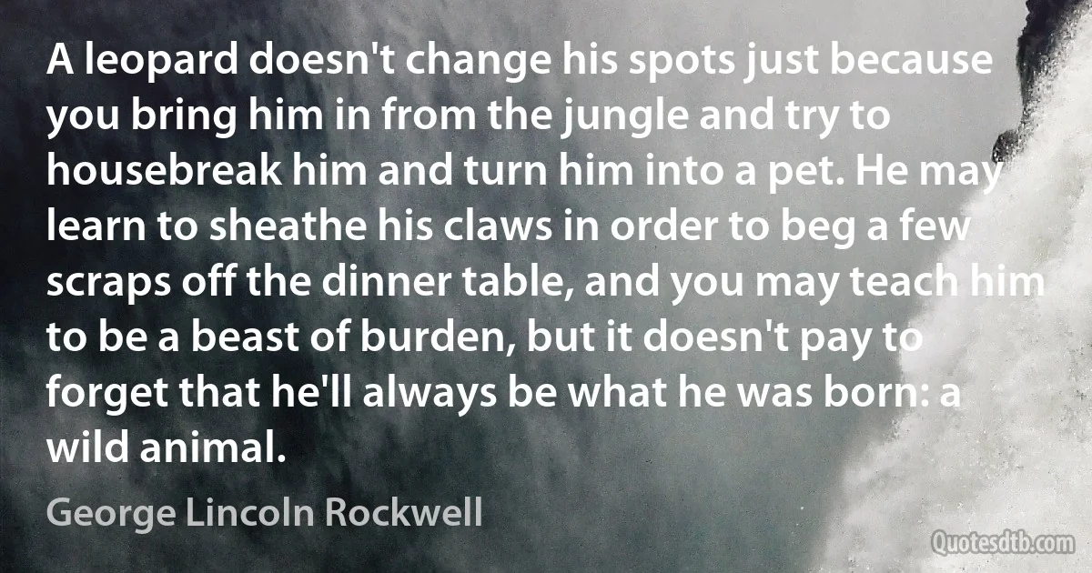 A leopard doesn't change his spots just because you bring him in from the jungle and try to housebreak him and turn him into a pet. He may learn to sheathe his claws in order to beg a few scraps off the dinner table, and you may teach him to be a beast of burden, but it doesn't pay to forget that he'll always be what he was born: a wild animal. (George Lincoln Rockwell)