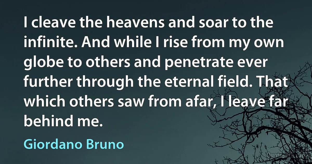 I cleave the heavens and soar to the infinite. And while I rise from my own globe to others and penetrate ever further through the eternal field. That which others saw from afar, I leave far behind me. (Giordano Bruno)