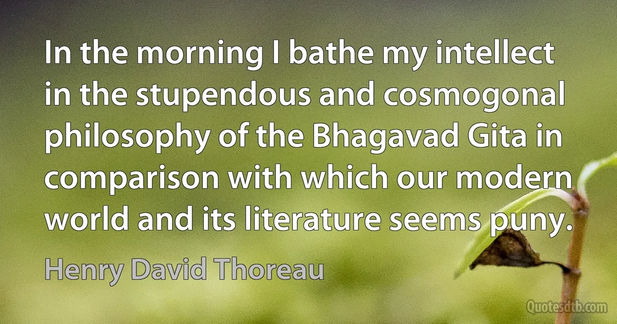 In the morning I bathe my intellect in the stupendous and cosmogonal philosophy of the Bhagavad Gita in comparison with which our modern world and its literature seems puny. (Henry David Thoreau)