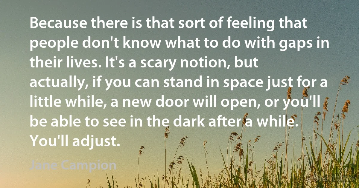 Because there is that sort of feeling that people don't know what to do with gaps in their lives. It's a scary notion, but actually, if you can stand in space just for a little while, a new door will open, or you'll be able to see in the dark after a while. You'll adjust. (Jane Campion)