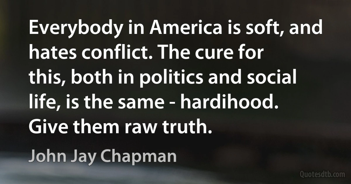 Everybody in America is soft, and hates conflict. The cure for this, both in politics and social life, is the same - hardihood. Give them raw truth. (John Jay Chapman)