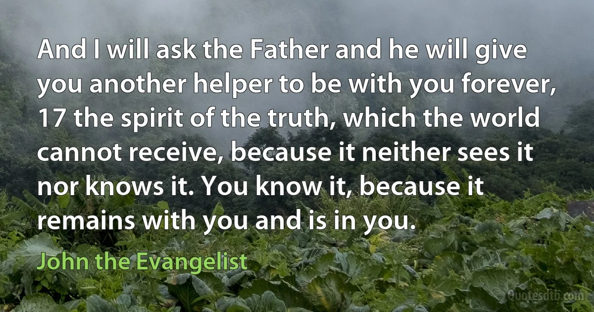 And I will ask the Father and he will give you another helper to be with you forever, 17 the spirit of the truth, which the world cannot receive, because it neither sees it nor knows it. You know it, because it remains with you and is in you. (John the Evangelist)