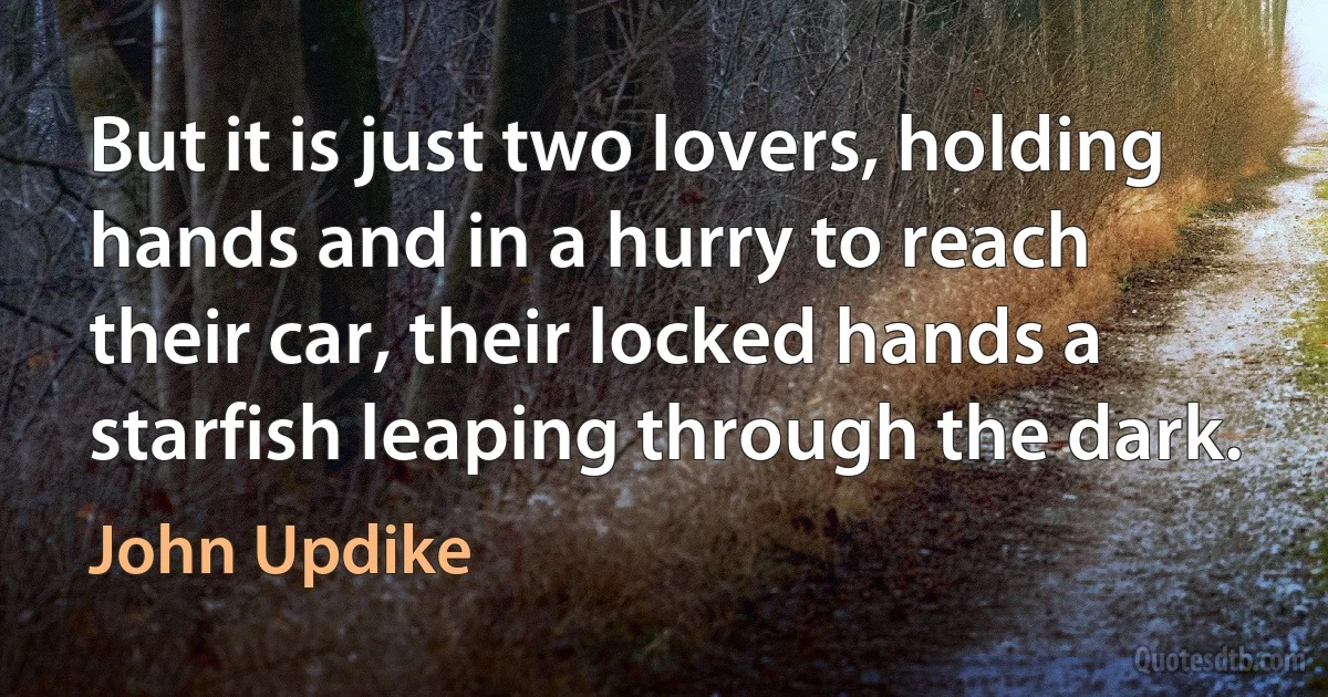 But it is just two lovers, holding hands and in a hurry to reach their car, their locked hands a starfish leaping through the dark. (John Updike)