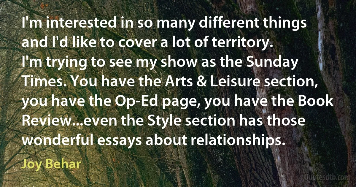 I'm interested in so many different things and I'd like to cover a lot of territory. I'm trying to see my show as the Sunday Times. You have the Arts & Leisure section, you have the Op-Ed page, you have the Book Review...even the Style section has those wonderful essays about relationships. (Joy Behar)