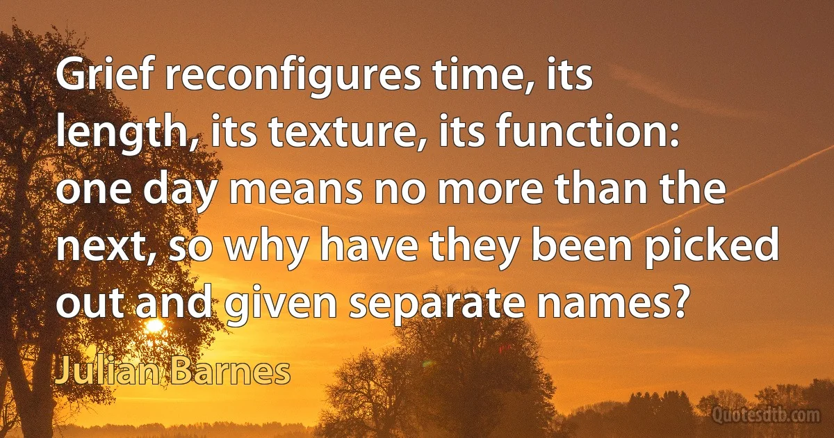 Grief reconfigures time, its length, its texture, its function: one day means no more than the next, so why have they been picked out and given separate names? (Julian Barnes)