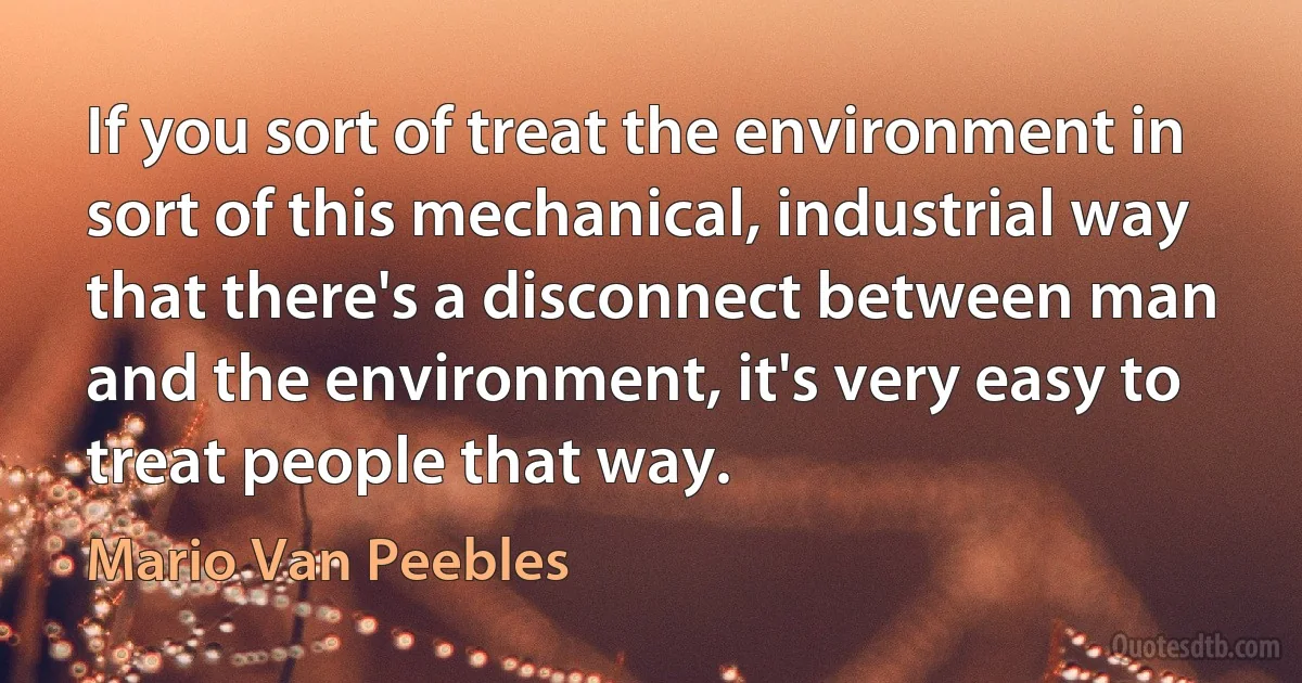 If you sort of treat the environment in sort of this mechanical, industrial way that there's a disconnect between man and the environment, it's very easy to treat people that way. (Mario Van Peebles)