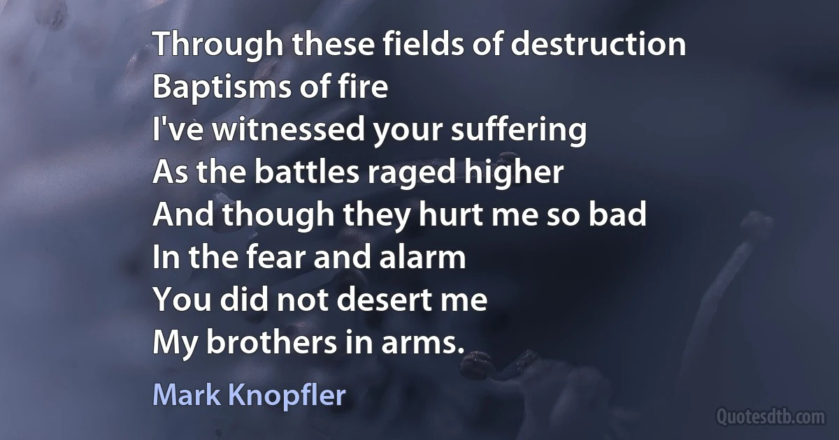 Through these fields of destruction
Baptisms of fire
I've witnessed your suffering
As the battles raged higher
And though they hurt me so bad
In the fear and alarm
You did not desert me
My brothers in arms. (Mark Knopfler)