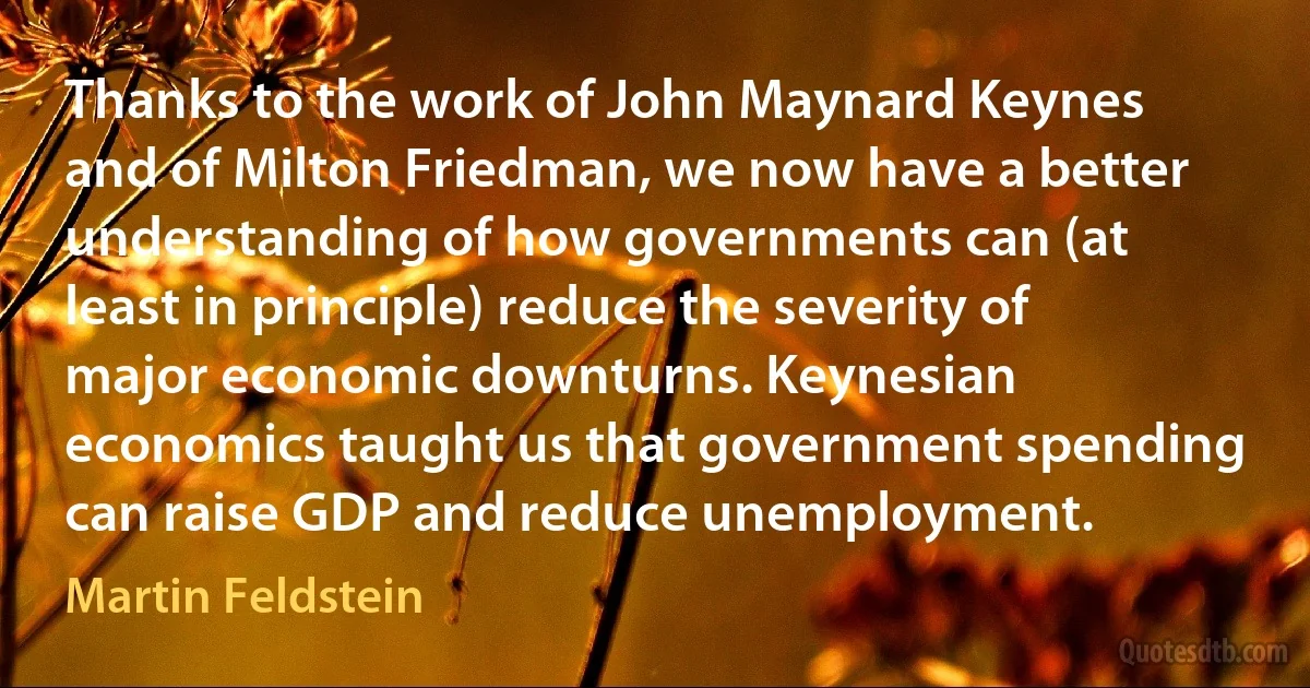 Thanks to the work of John Maynard Keynes and of Milton Friedman, we now have a better understanding of how governments can (at least in principle) reduce the severity of major economic downturns. Keynesian economics taught us that government spending can raise GDP and reduce unemployment. (Martin Feldstein)