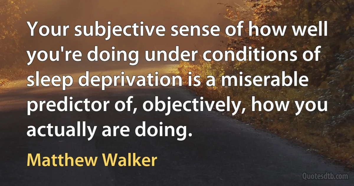 Your subjective sense of how well you're doing under conditions of sleep deprivation is a miserable predictor of, objectively, how you actually are doing. (Matthew Walker)