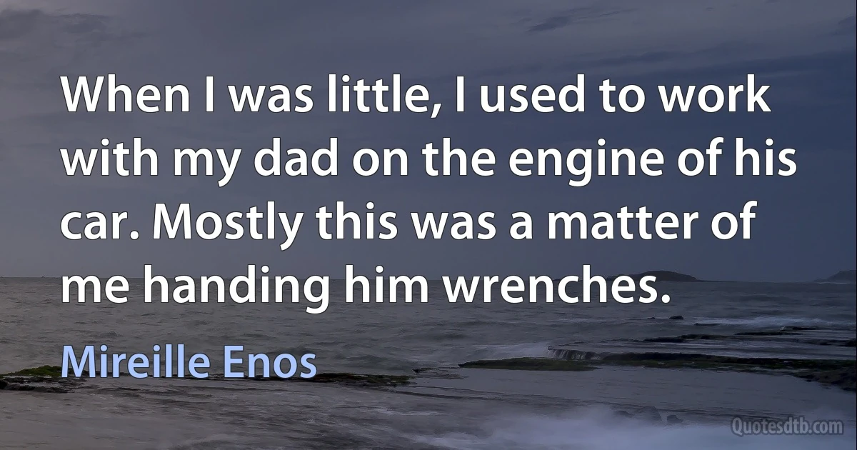 When I was little, I used to work with my dad on the engine of his car. Mostly this was a matter of me handing him wrenches. (Mireille Enos)