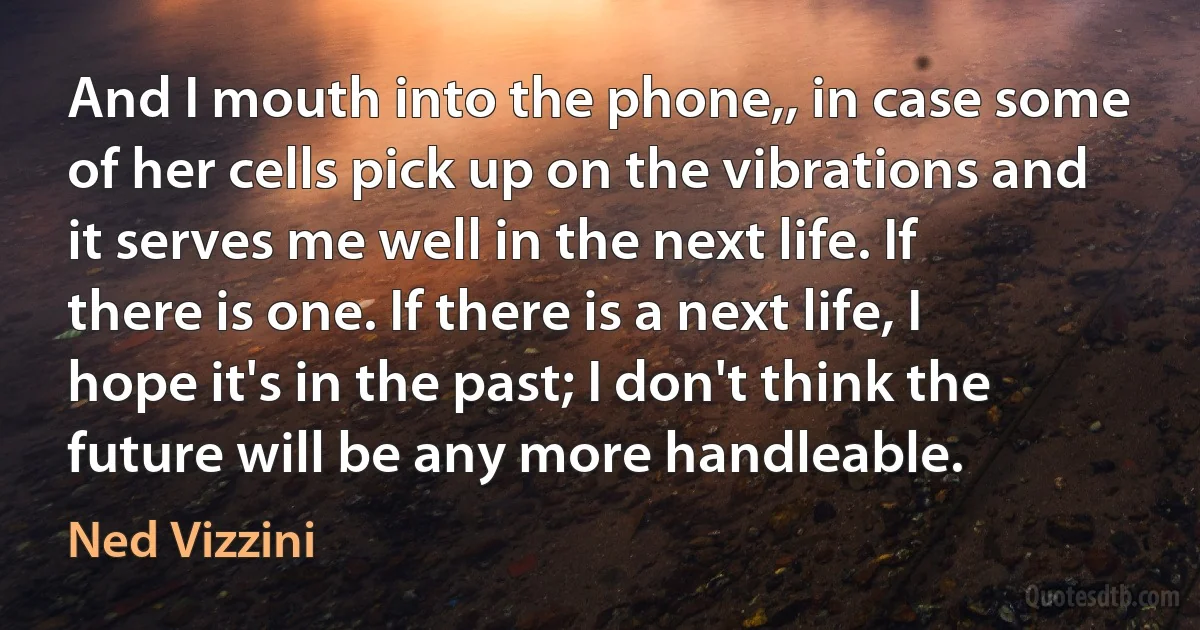 And I mouth into the phone,, in case some of her cells pick up on the vibrations and it serves me well in the next life. If there is one. If there is a next life, I hope it's in the past; I don't think the future will be any more handleable. (Ned Vizzini)