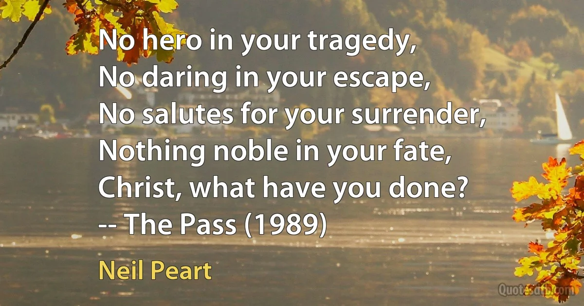 No hero in your tragedy,
No daring in your escape,
No salutes for your surrender,
Nothing noble in your fate,
Christ, what have you done?
-- The Pass (1989) (Neil Peart)