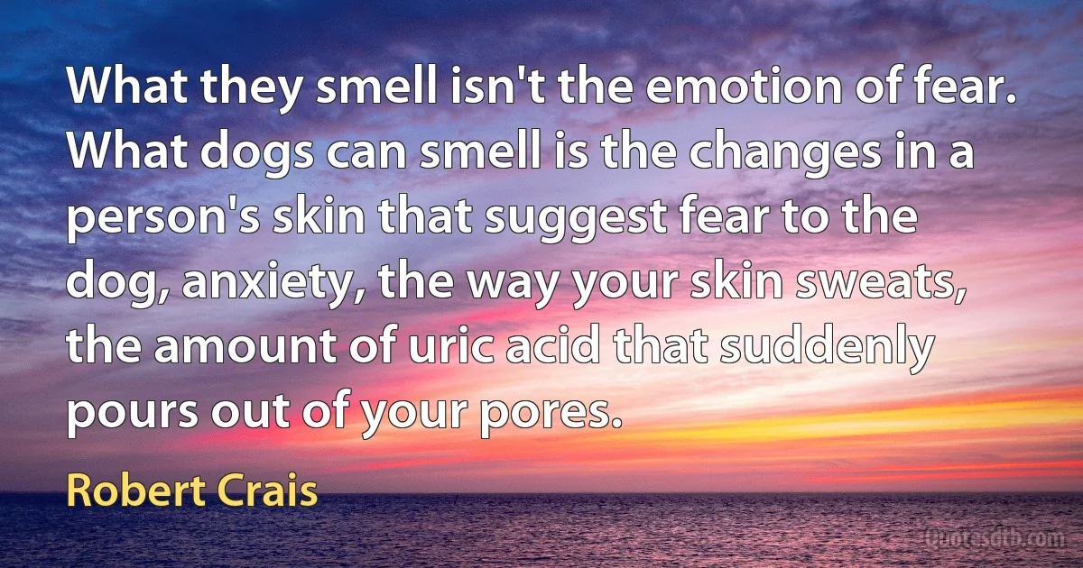 What they smell isn't the emotion of fear. What dogs can smell is the changes in a person's skin that suggest fear to the dog, anxiety, the way your skin sweats, the amount of uric acid that suddenly pours out of your pores. (Robert Crais)