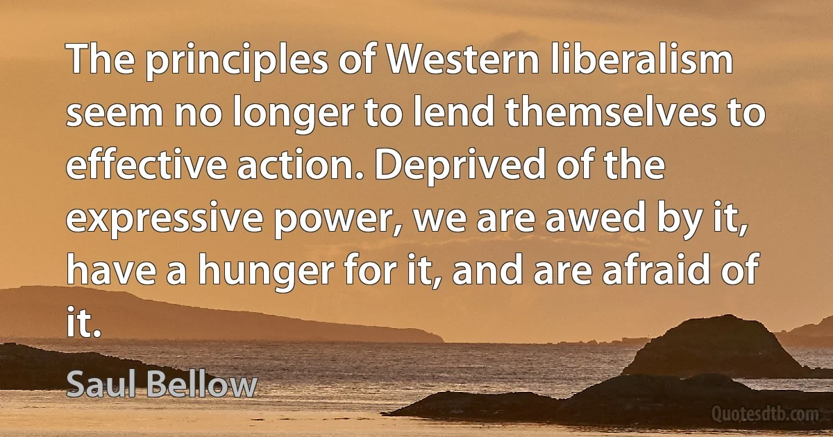 The principles of Western liberalism seem no longer to lend themselves to effective action. Deprived of the expressive power, we are awed by it, have a hunger for it, and are afraid of it. (Saul Bellow)