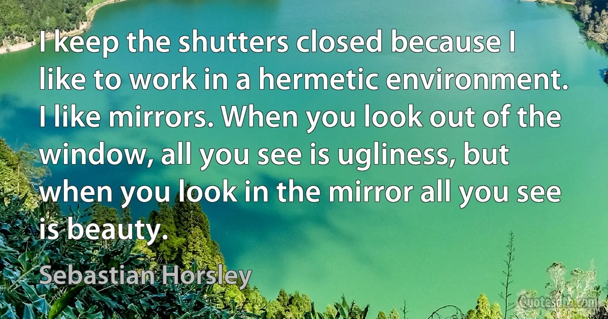 I keep the shutters closed because I like to work in a hermetic environment. I like mirrors. When you look out of the window, all you see is ugliness, but when you look in the mirror all you see is beauty. (Sebastian Horsley)