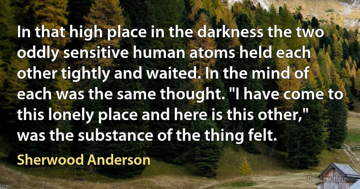 In that high place in the darkness the two oddly sensitive human atoms held each other tightly and waited. In the mind of each was the same thought. "I have come to this lonely place and here is this other," was the substance of the thing felt. (Sherwood Anderson)