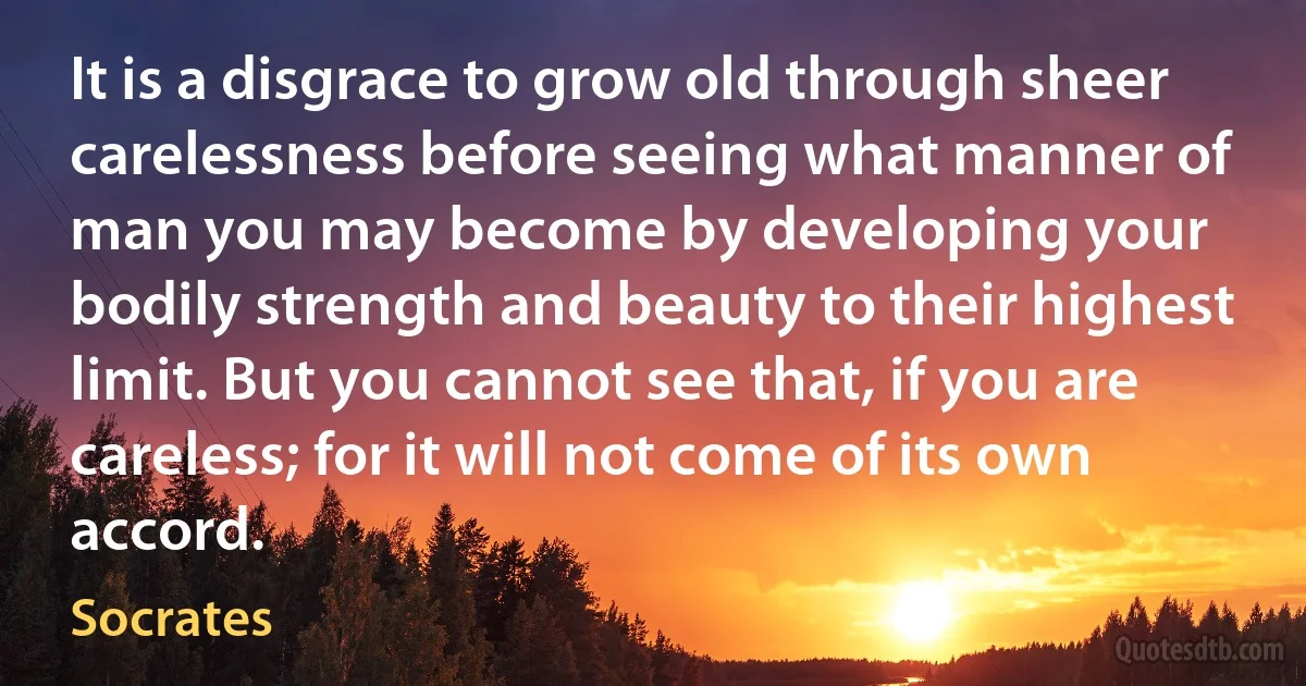 It is a disgrace to grow old through sheer carelessness before seeing what manner of man you may become by developing your bodily strength and beauty to their highest limit. But you cannot see that, if you are careless; for it will not come of its own accord. (Socrates)