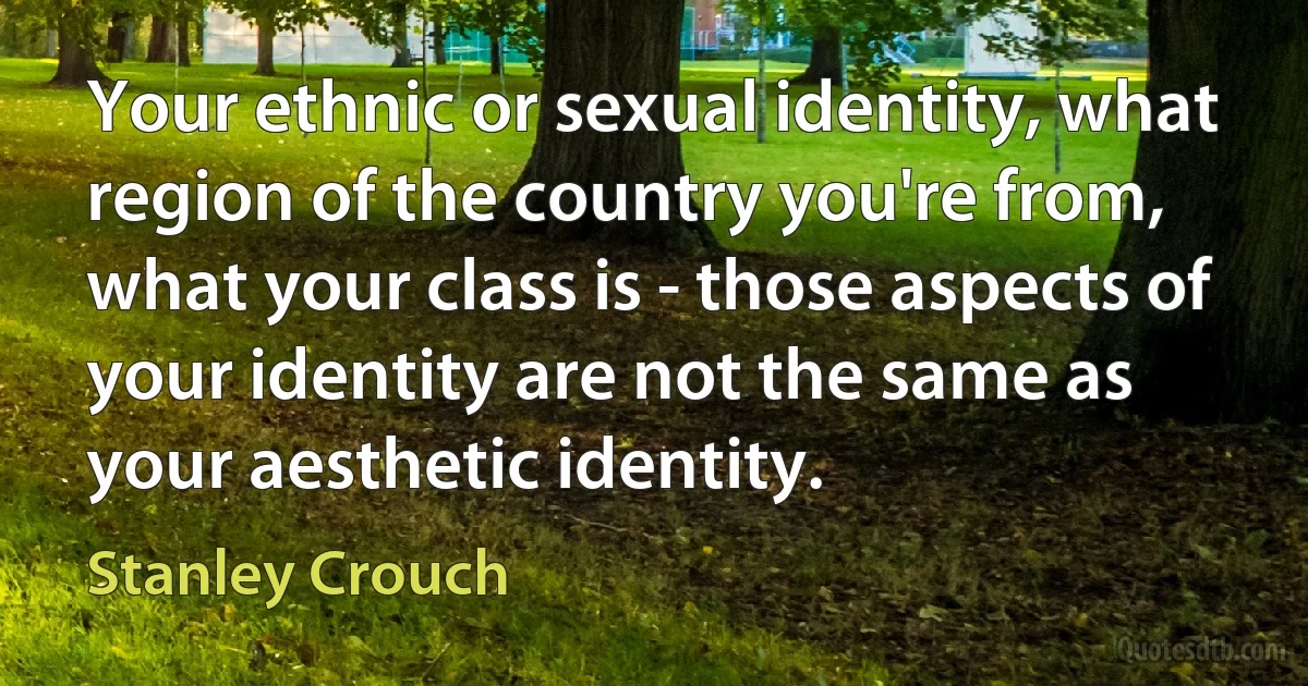 Your ethnic or sexual identity, what region of the country you're from, what your class is - those aspects of your identity are not the same as your aesthetic identity. (Stanley Crouch)