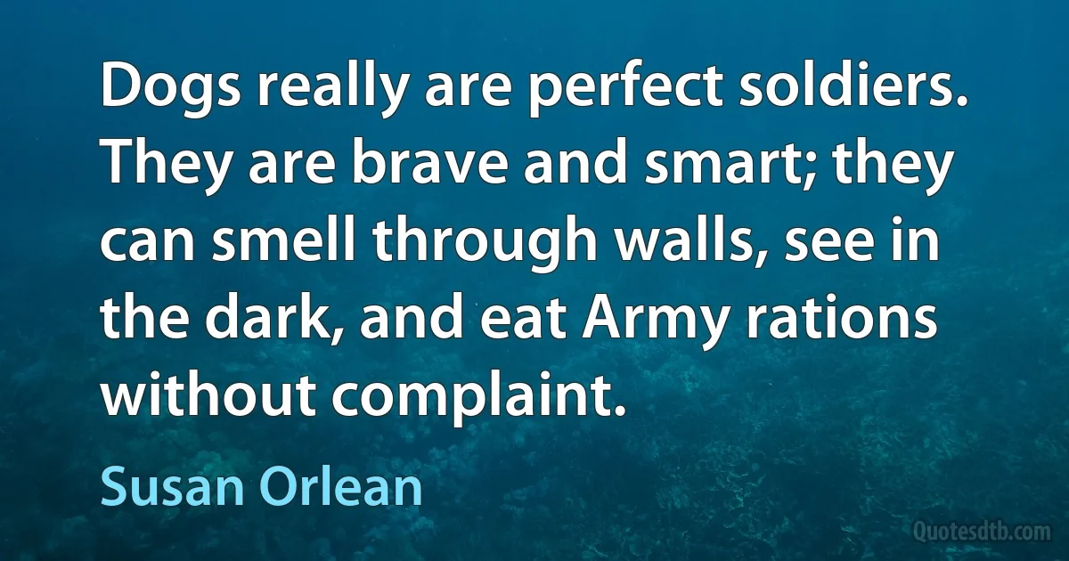 Dogs really are perfect soldiers. They are brave and smart; they can smell through walls, see in the dark, and eat Army rations without complaint. (Susan Orlean)