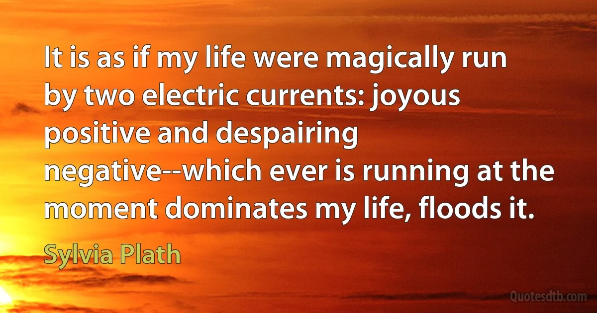 It is as if my life were magically run by two electric currents: joyous positive and despairing negative--which ever is running at the moment dominates my life, floods it. (Sylvia Plath)