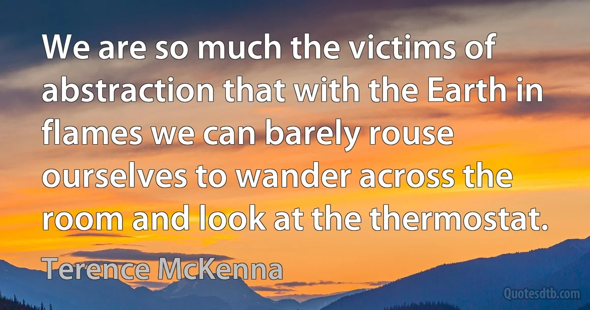 We are so much the victims of abstraction that with the Earth in flames we can barely rouse ourselves to wander across the room and look at the thermostat. (Terence McKenna)