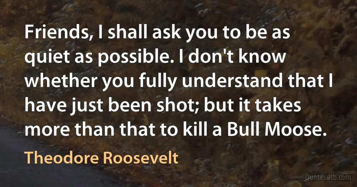 Friends, I shall ask you to be as quiet as possible. I don't know whether you fully understand that I have just been shot; but it takes more than that to kill a Bull Moose. (Theodore Roosevelt)