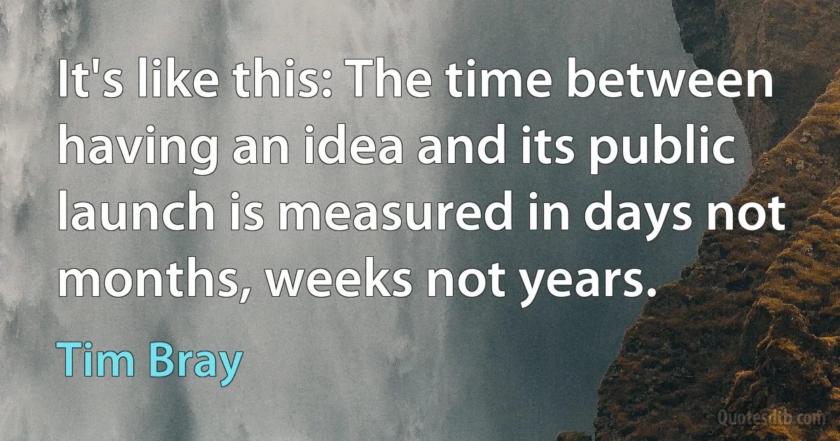 It's like this: The time between having an idea and its public launch is measured in days not months, weeks not years. (Tim Bray)